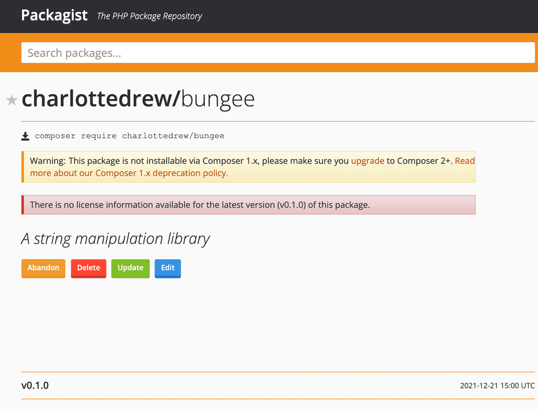 Packagist page screenshot showing update