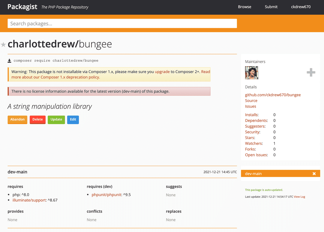 Packagist page for new composer package screenshot